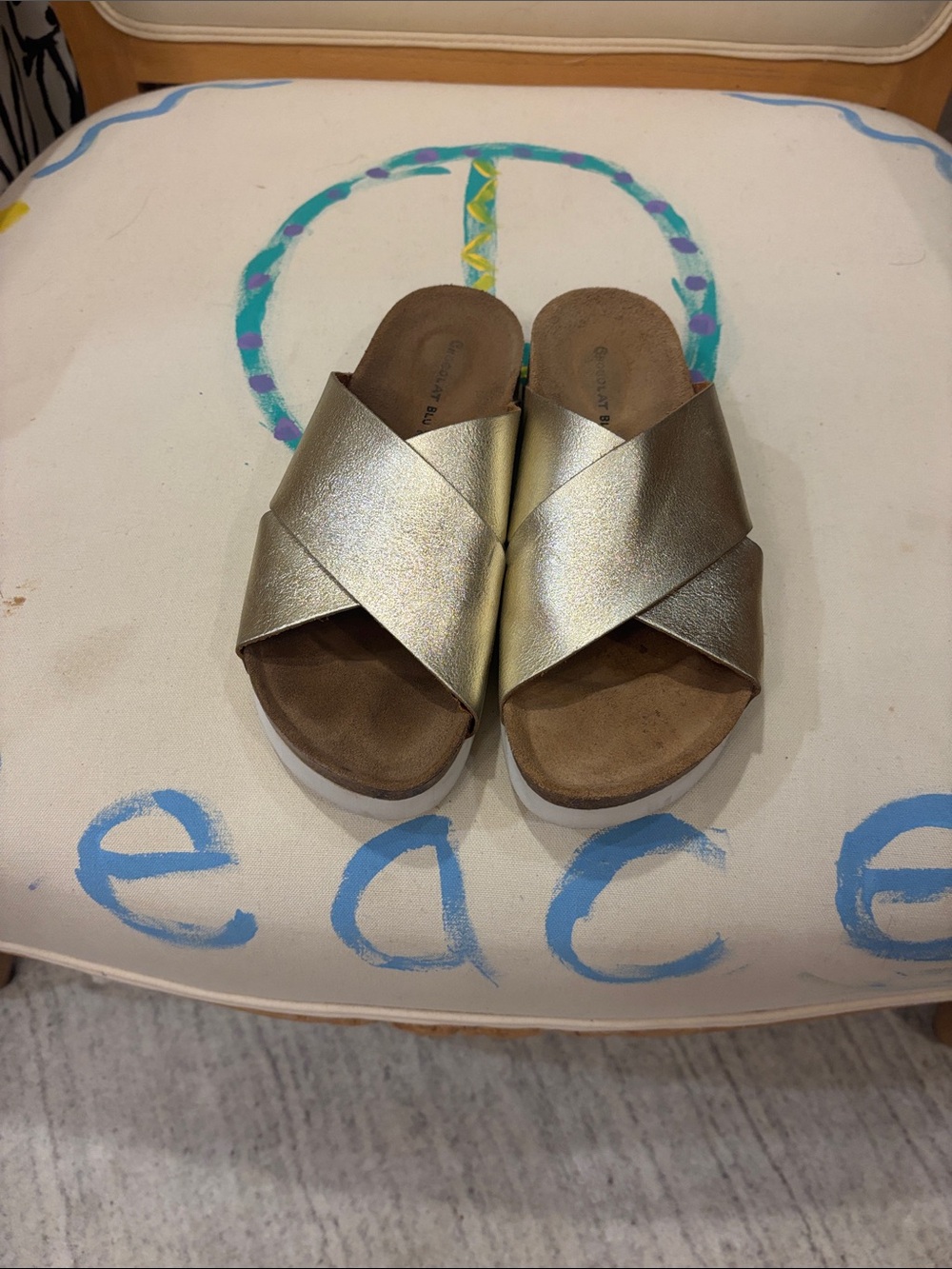 Chocolat Blu Metallic Gold Crisscross Slide Sandals